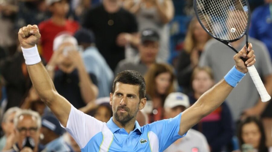 epaselect epa10808607 Novak Djokovic of Serbia celebrates his win against Alexander Zverev of Germany during the semi-final round of the Western and Southern Open at the Lindner Family Tennis Center in Mason, Ohio, USA, 19 August 2023.  EPA-EFE/MARK LYONS